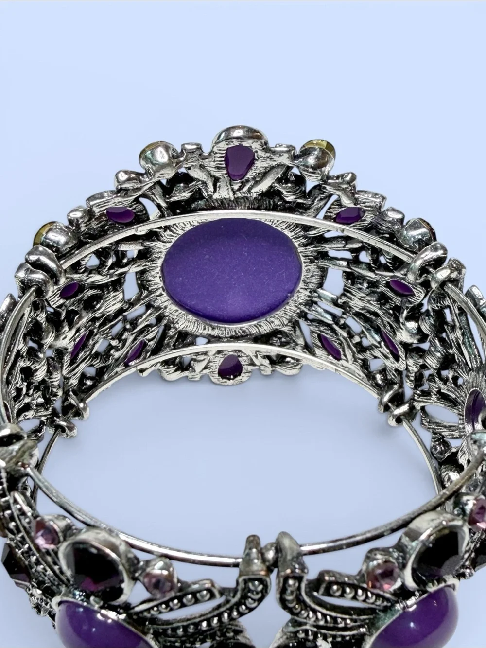 Victorian Revival Purple Cameo‎ Cuff Bracelet Silver Tone Filigree Rhinestones